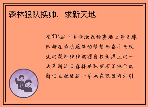 森林狼队换帅，求新天地