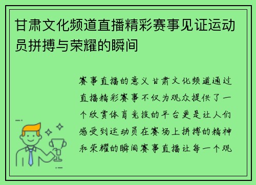 甘肃文化频道直播精彩赛事见证运动员拼搏与荣耀的瞬间