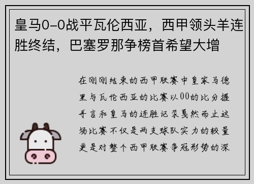 皇马0-0战平瓦伦西亚，西甲领头羊连胜终结，巴塞罗那争榜首希望大增